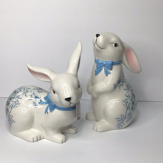 10” White and Blue Floral Rabbits Set