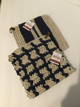 Knitted Pot Holder - Navy And Cream