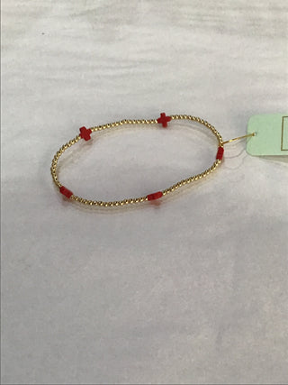 Signature Cross Small Gold Pattern 2mm Bead Bracelet- Red